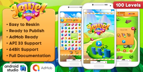 Jewel Burst – Match 3 Game Android Studio Project with AdMob Ads + Ready to Publish