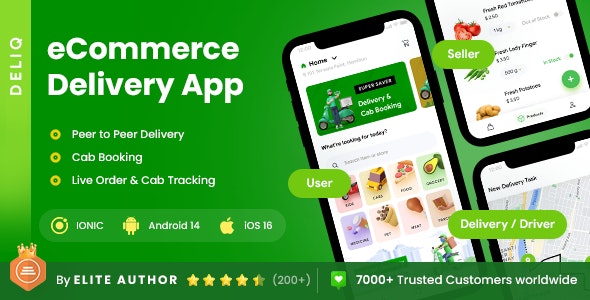 6 App Template| eCommerce Food Grocery Delivery App| Cab Booking| Peer to Peer Delivery App| DeliQ