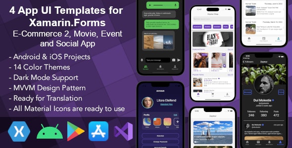 4 App UI Templates for Xamarin Forms: E-commerce, Movie, Event, Social