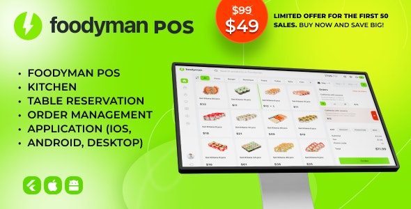 Foodyman POS + Kitchen + Table Reservation + Order Management Application (iOS, Android, Desktop)