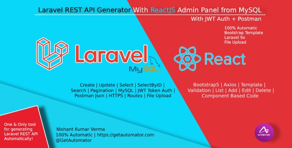 Laravel REST API Generator With React Admin Panel Generator + JWT Auth + Postman