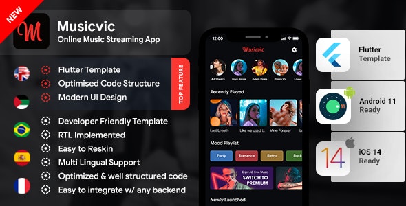 Online Music Streaming Android App Template+iOS App Template| Flutter 2 |Music Player App | Musicvic