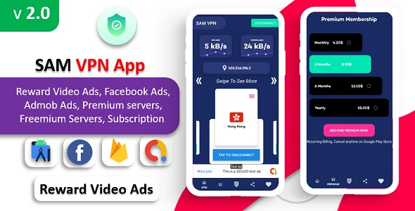 SAM VPN App – Secure VPN and Fast Servers VPN | Reward Video Ads | Subscription | Admob  FB Ads 5.0