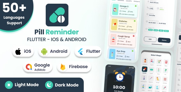 PillMode | Pill Reminder – Flutter Android  iOS Full App + Light + Dark Mode (53 Languages)