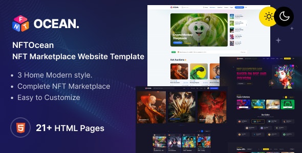 NFTOcean – NFT Marketplace Website Template + Light  Dark