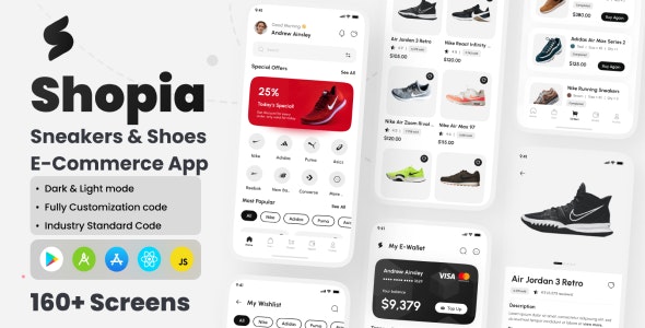 Shopia – Sneakers  Shoes E-Commerce App React Native CLI Ui Kit