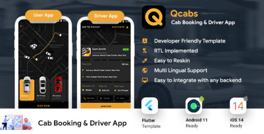 Taxi App | Cab Booking Android + iOS App Template | 2 Apps Rider + Driver | Flutter 2 | Qcabs