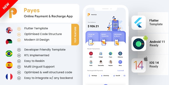 Payes Online Payment, Bill Payment & Recharge Android + iOS App Template | Flutter 2