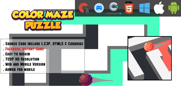 Color Maze Puzzle – HTML5 Game – Web, Mobile and FB Instant games(.C3p and HTML5)