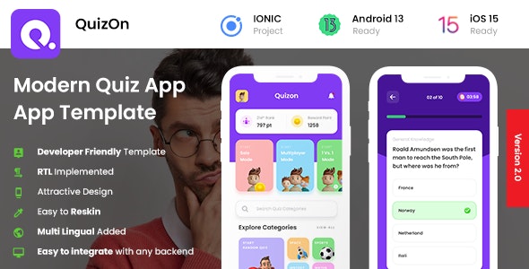 2 App Template | Modern Quiz Solo + Multiplayer + 1vs1 App | IONIC QuizOn