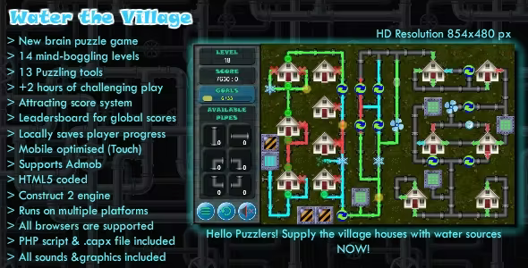 Water the Village – Mobile HTML5 Puzzle Game (.CAPX) – Admob Supported