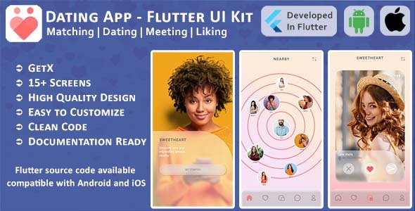 Dating App – Matching, Likes, Meeting New People – Flutter Mobile UI Template/Kit (Android, iOS)