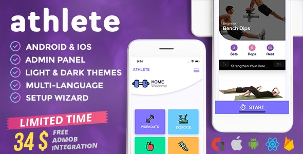 Athlete – Fitness & Workout Mobile App for iOS and Android with Admin Panel, Languages & Themes