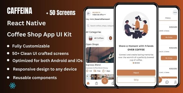 Caffeina – Coffee Shop React Native CLI App Template UI KIT