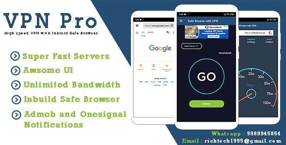 VPN Pro – High speed VPN with Inbuild Safe Browser – Speed Test – Admob – Onesignal