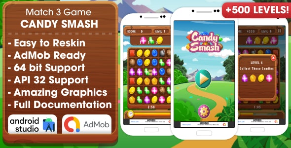 Candy Smash – Match 3 Game Android Studio Project with AdMob Ads + Ready to Publish