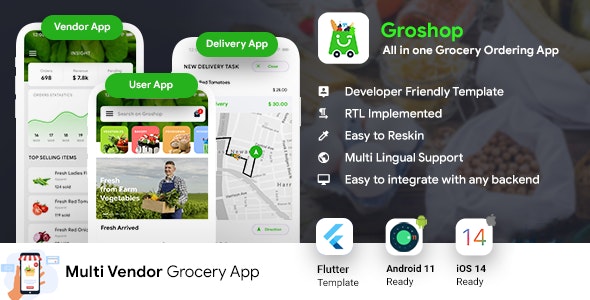 Grocery Flutter App Template – 3 Apps – User App + Seller App + Delivery App – GroShop