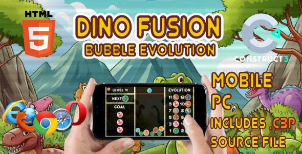 Dino Fusion Bubble Evolution – HTML5 Game (With Construct 3 Source-code .c3p)