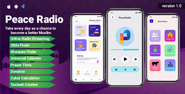 PeaceRadio – Muslim Online Radio and Qibla Finder with Prayer Time Full App UI Template