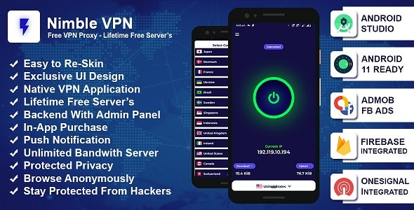 Nimble VPN – Premium VPN App Source Code with Admob & Facebook Ads – OneSignal Integrated