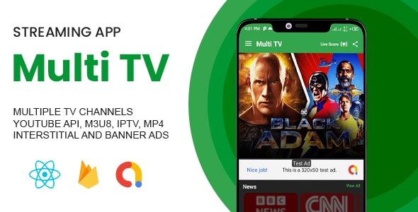 Multi TV Live Streaming App with IPTV, m3u8  Youtube Player (admob  facebook ads)