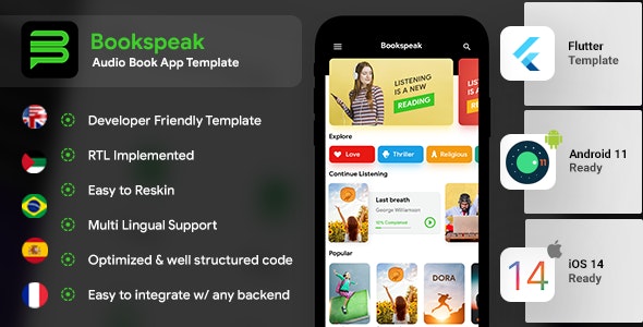 Audio Book Android App + Audio Book iOS App Template – Online Book App – Bookspeak – FLUTTER