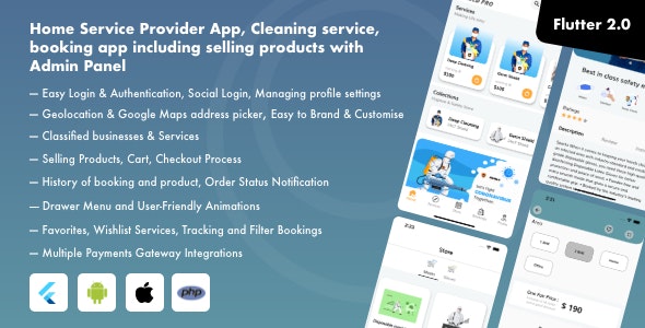 Home Service Provider App, Cleaning service, booking app including selling products with Admin Panel