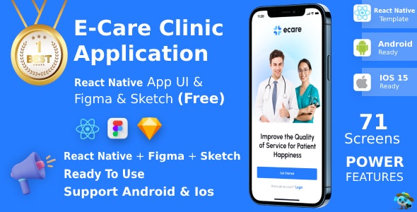 ECare ANDROID + IOS + FIGMA + SKETCH | UI Kit | ReactNative | Online Clinic App for Doctor  Patient