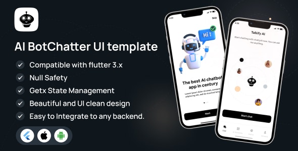 AI BotChatter UI Template: The AI Chat Expert in Flutter 3.x (Android, iOS) UI app template