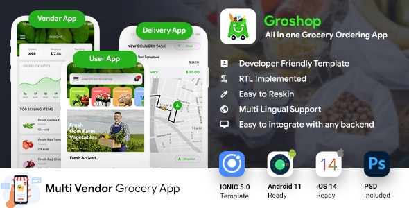 Grocery Delivery App | Grocery Ordering Android + iOS App Template | 3 Apps | IONIC 5 | Groshop