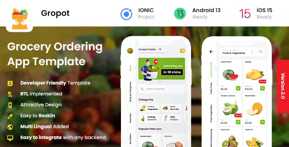 2 App Template | Online Grocery Ordering App | Grocery App | Gropot