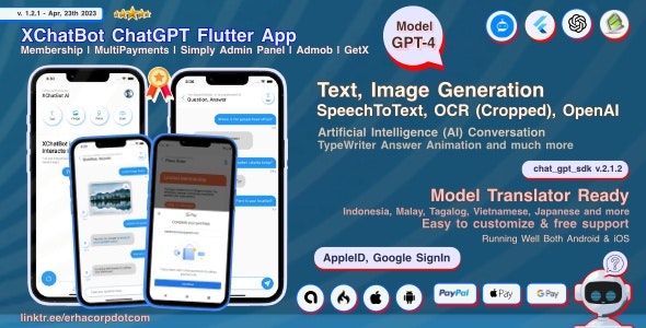 XChatBot ChatGPT GPT-4 OpenAI Full Flutter App | MultiPayments | Admin Panel | Admob | GetX