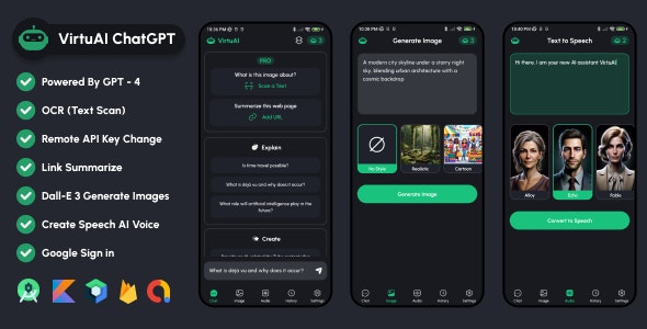 VirtuAI ChatGPT GPT-4, Dall-E-3 AI Art Image, AI Voice Text to Speech Mobile Kotlin Android App 1.2