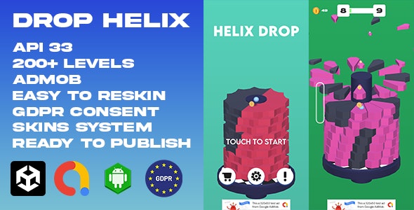 Drop Helix (200 Levels  Unity Game Template + Admob Ads + GDPR Consent)