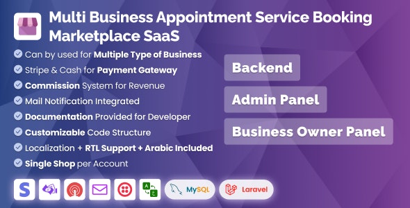 Multi Business Appointment Booking Marketplace SaaS System Backend Admin Panel Owner Panel PHP 8.0.0