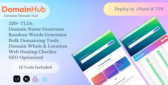 Domain Hub – Domain Checker, AI Name Generator, Who-is-hosting, Whois, DNS React Nextjs tools.