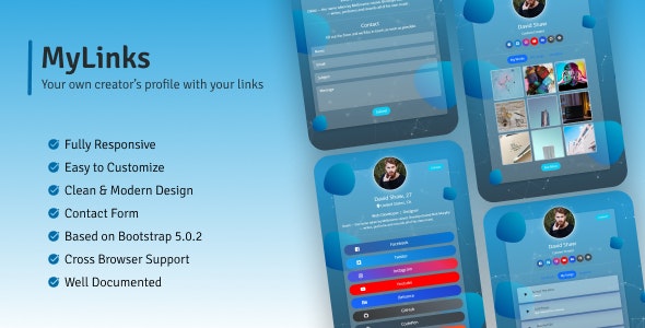 MyLinks – Creators Profile w/ Contact Form | Social Links | Profile Page |