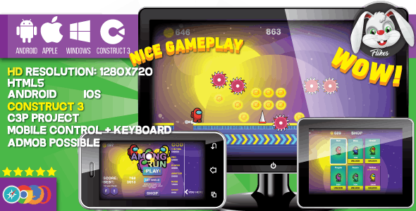 Among Run – HTML5 game, Construct 3 (.c3p) + mobile, sharings, shop, AdMob possible