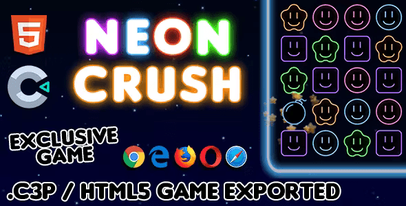 Neon Crush – Construct 3 HTML5 Game (with .c3p)