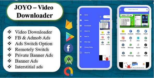 JOYO – Video Downloader App – Facebook Ads – Admob Ads – Slider Banner Image – Push Notification