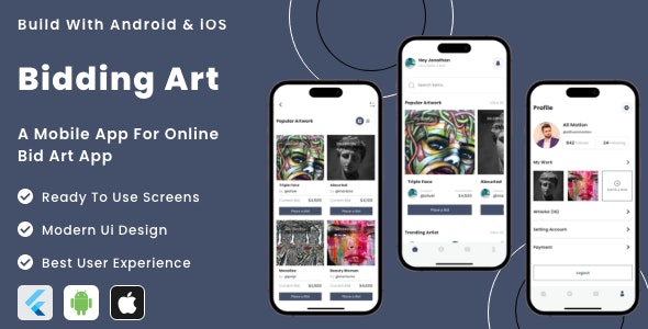 Biddingart App – Online Art Bidding Flutter App | Android | iOS Mobile App Template