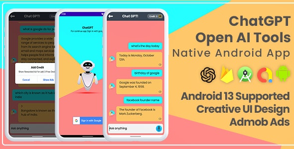 ChatGPT : AI Tools Android App with PHP Admin Panel – AdMob Ads, OpenAI API | Android 13 Supported