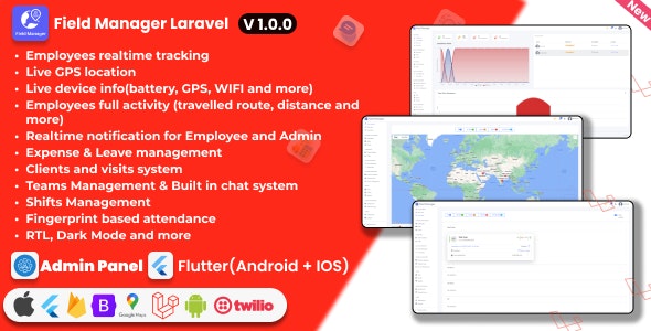 Field Manager Laravel + Flutter Field Employee tracking complete HRMS solution | Android + IOS 3.1.2