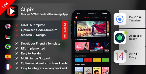 Movies Series Video Streaming Android App Template+Video Streaming iOS App Template| IONIC 5| Clipix