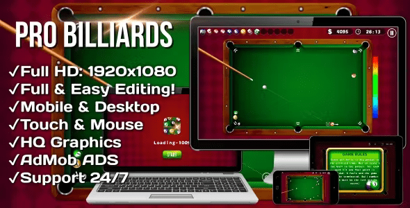 Pro Billiards – HTML5 Game + Mobile Version! (Construct 3 | .c3p)