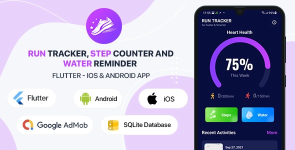 Run Tracker, Step Counter and Water Reminder – Flutter Android  iOS App (40 Languages) 2.0