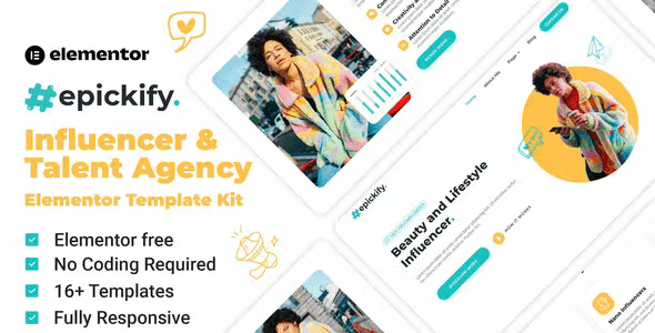 Epickify – Influencer &amp; Talent Agency Elementor Template Kit