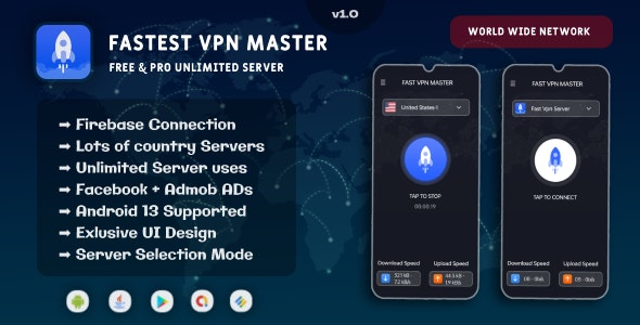 Fastest VPN Master : Free Unlimited Server | Admob ADs | Multiple Modes with Security