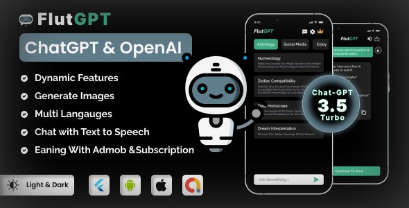 FlutGpt – ChatGPT Flutter Full Application | Art Generator | ADMOB | Subscription Plan