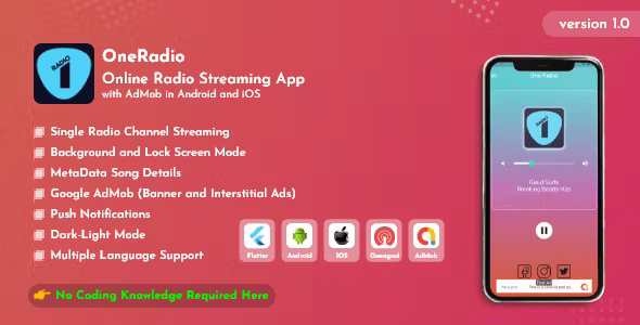 OneRadio – Online Radio Streaming App with AdMob in Android and iOS